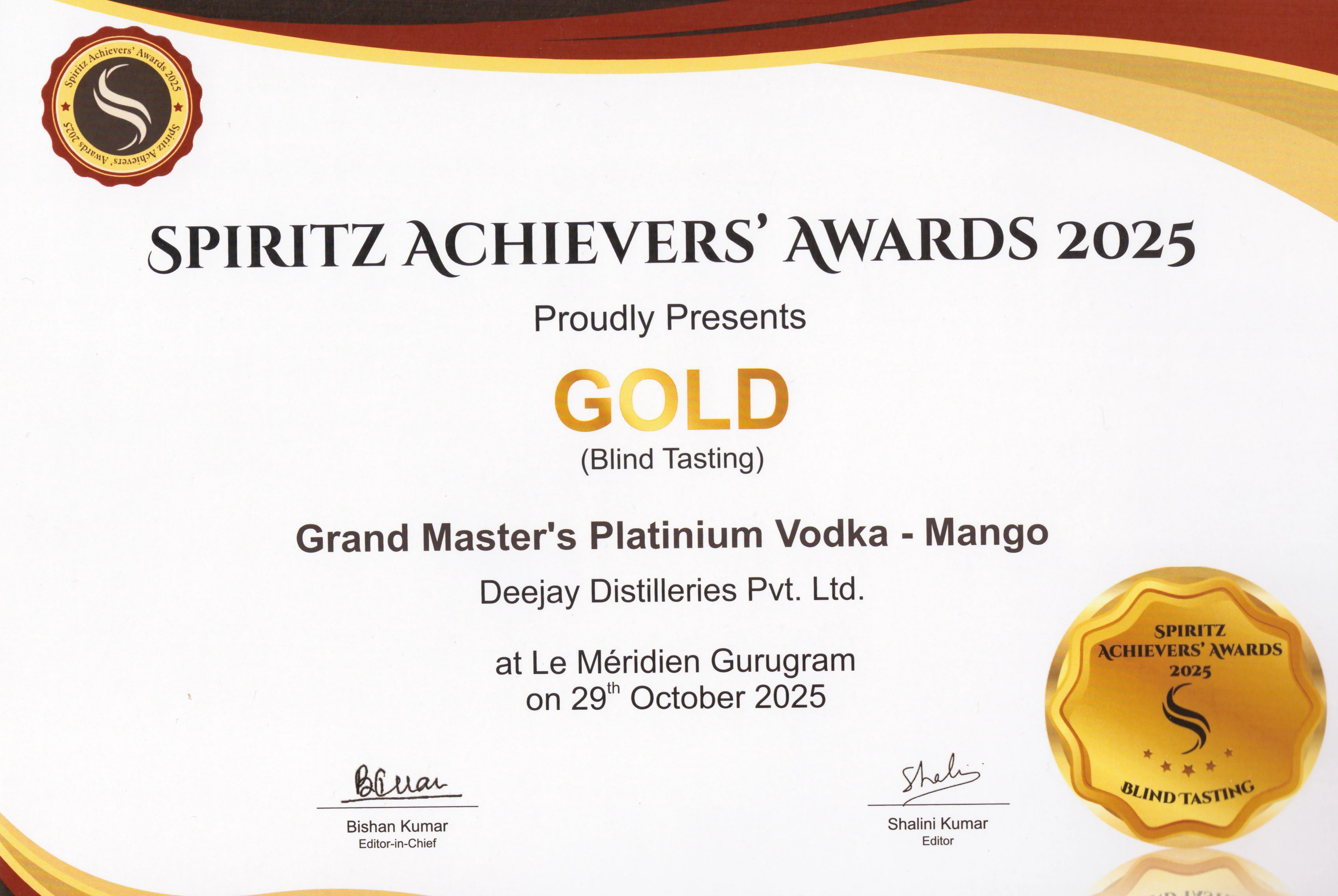 Spiritz Achievers Awards 2025 - Gold Blind Tasting - Grand Master's Platinum Vodka